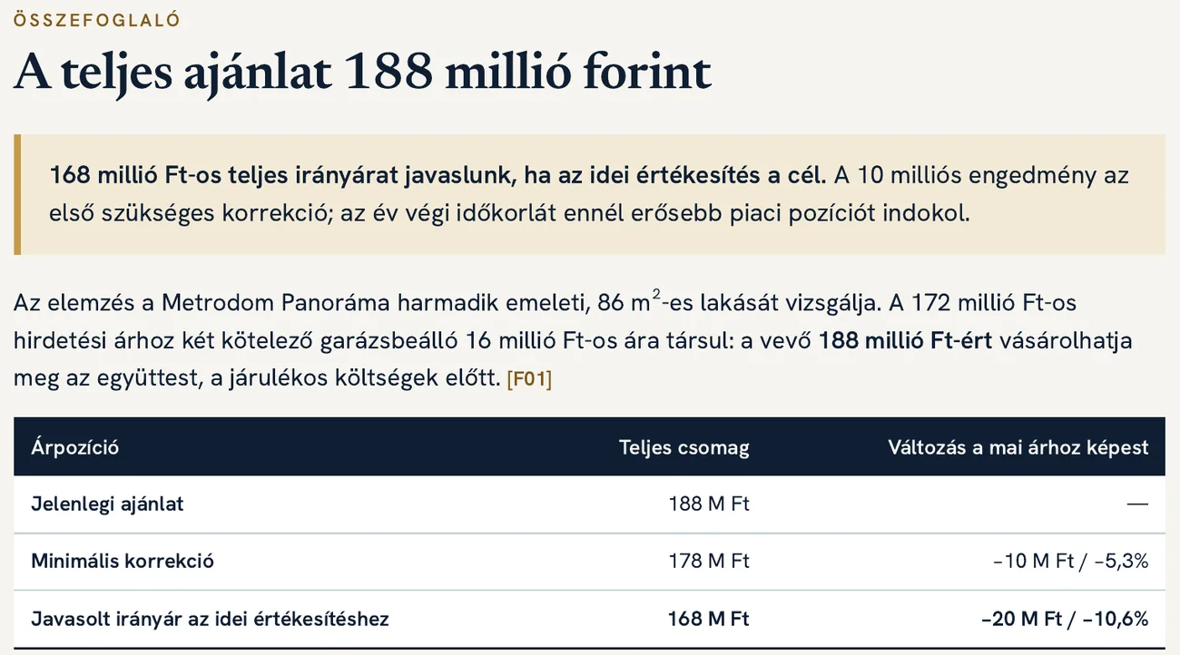 Részlet a referenciaelemzés összefoglalójából, az ajánlati ár összetevőivel és az árpozíciók összehasonlításával.